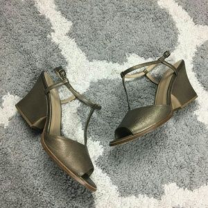 Eileen Fisher | Bronze Metallic Ankle Strap Wedge Heel Sandals, 10